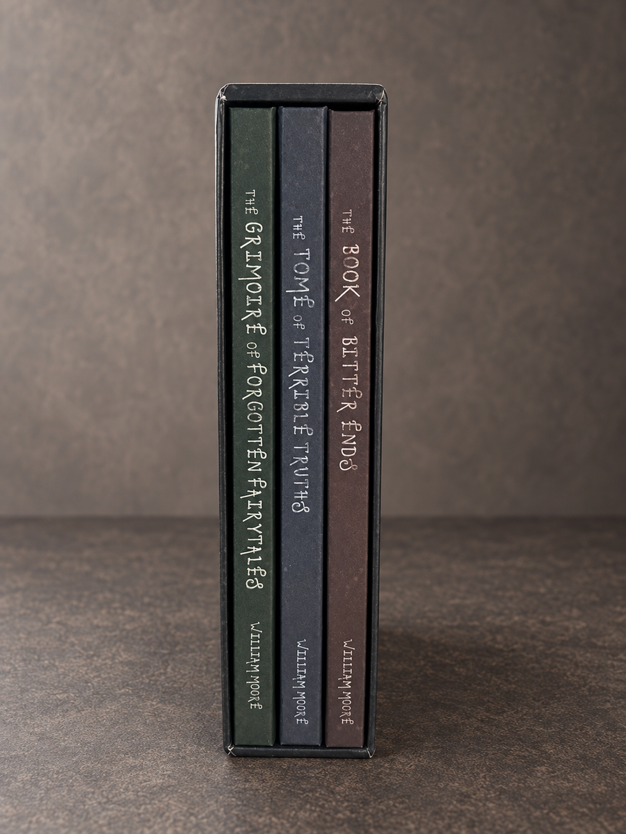 The spines of all three books inside the trilogy slipcase
