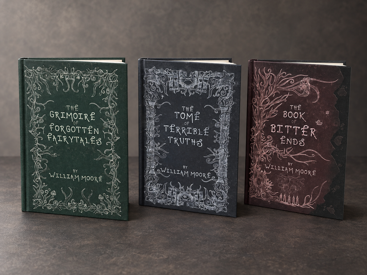 All three Forgotten Fairytales hardbacks: The Grimoire, The Tome of Terrible Truths and The Book of Bitter Ends.