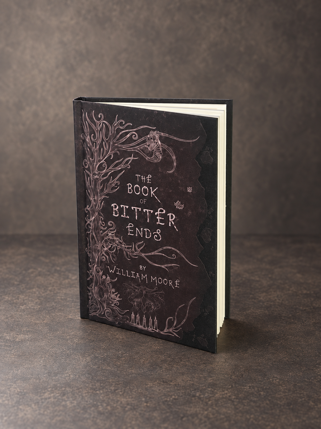The Book of Bitter Ends hardback, standing with its illustrated burgundy cover visible.