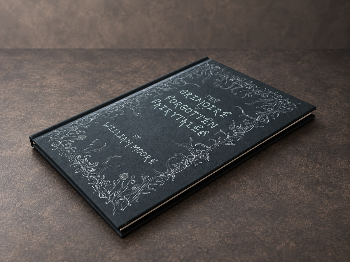 The Grimoire of Forgotten Fairytales hardback, angled view showing the cover and binding.