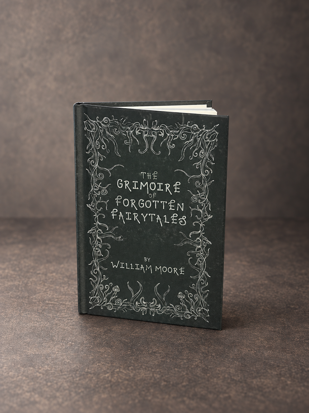 The Grimoire of Forgotten Fairytales hardback, standing with its illustrated green cover visible.
