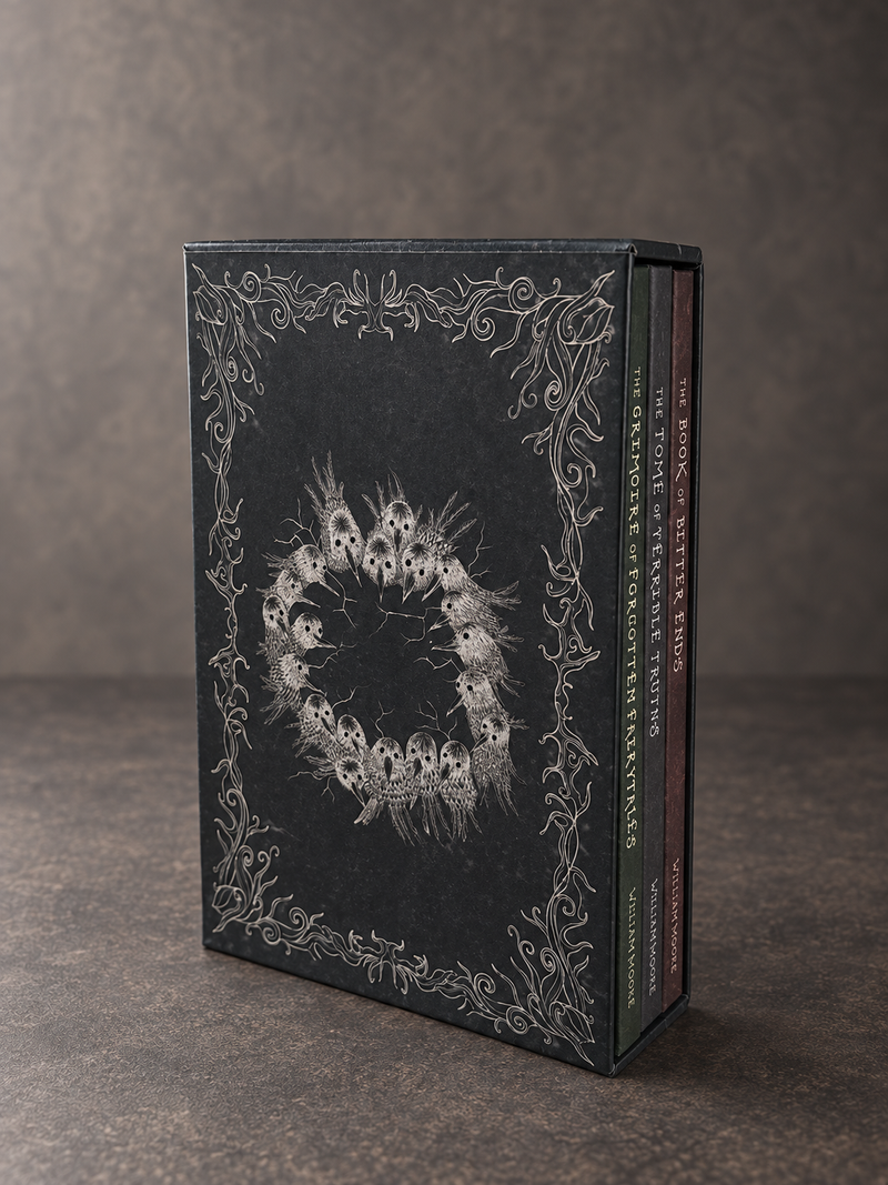 The trilogy in its illustrated slipcase, showing the bird artwork