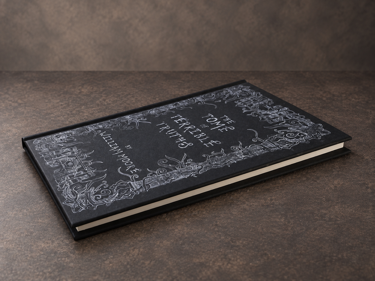 The Tome of Terrible Truths hardback, angled view showing the cover and page edges.