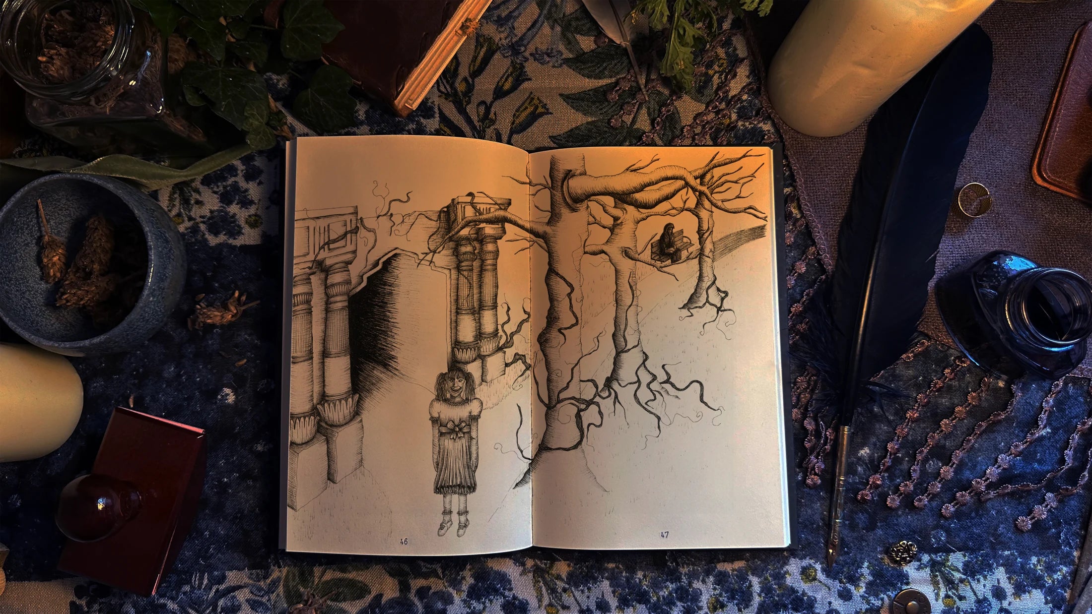 An open illustrated Forgotten Fairytales book among candles, ink and a quill