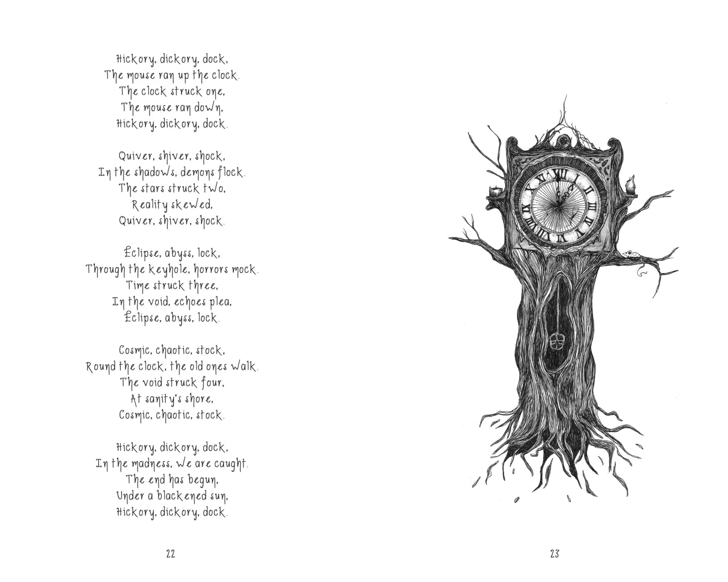 Original illustrated Grimoire spread: Hickory, dickory, dock